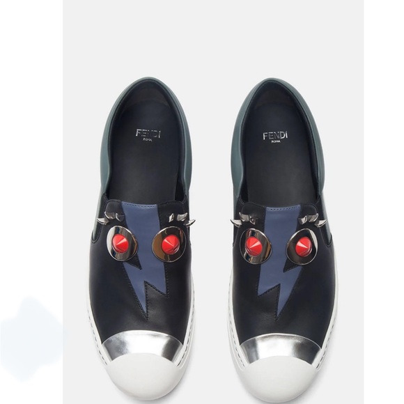 Fendi Faces Studded Leather Skate Sneakers Shoes EUC size 9/40 IN BOX Black